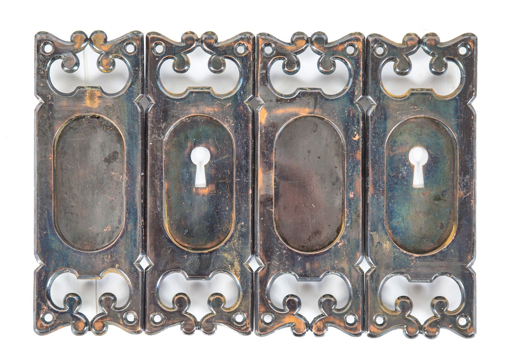 one of two matching lots of late 19th century ornamental cast bronze interior residential pocket door plates