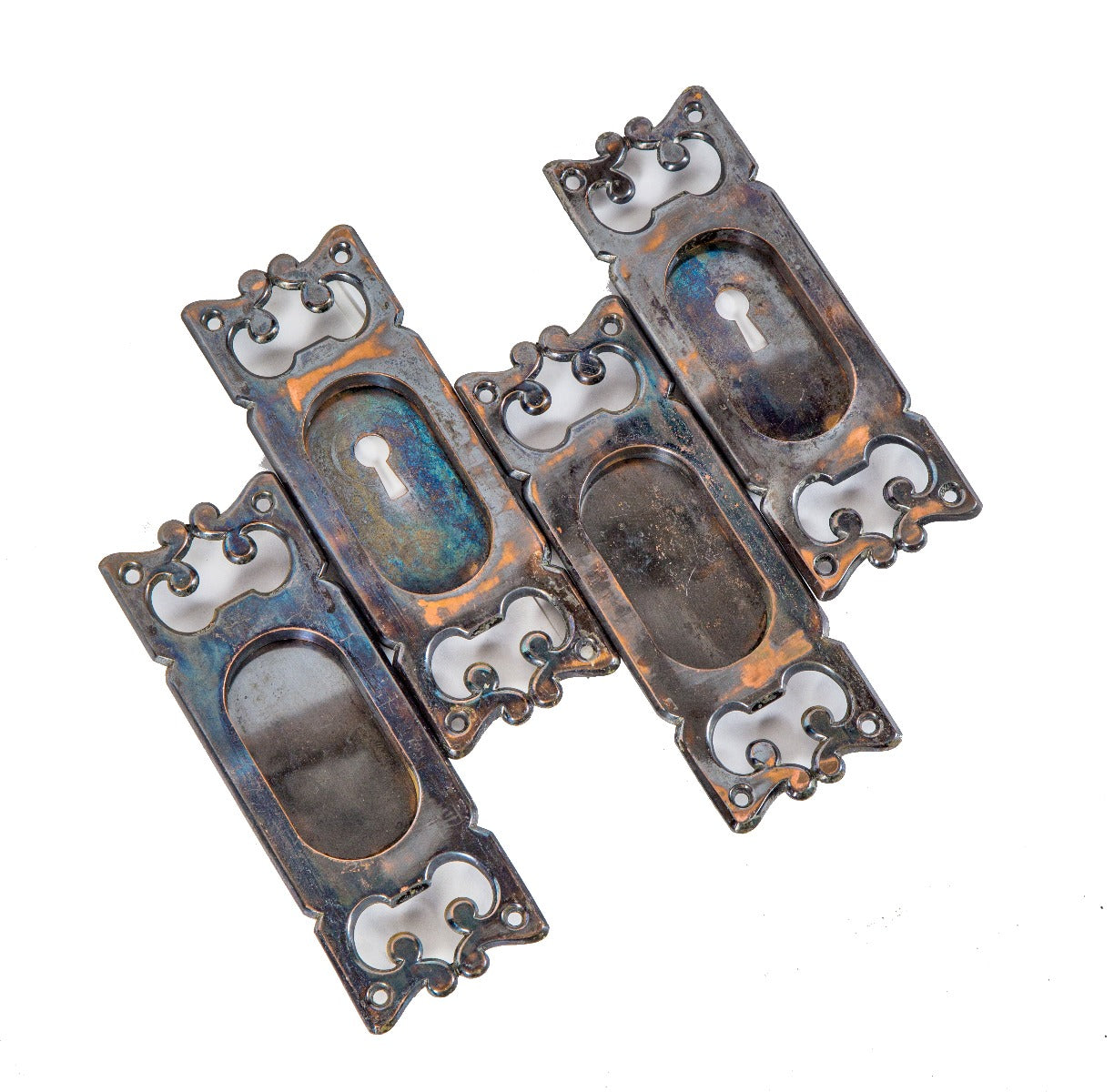one of two matching lots of late 19th century ornamental cast bronze interior residential pocket door plates