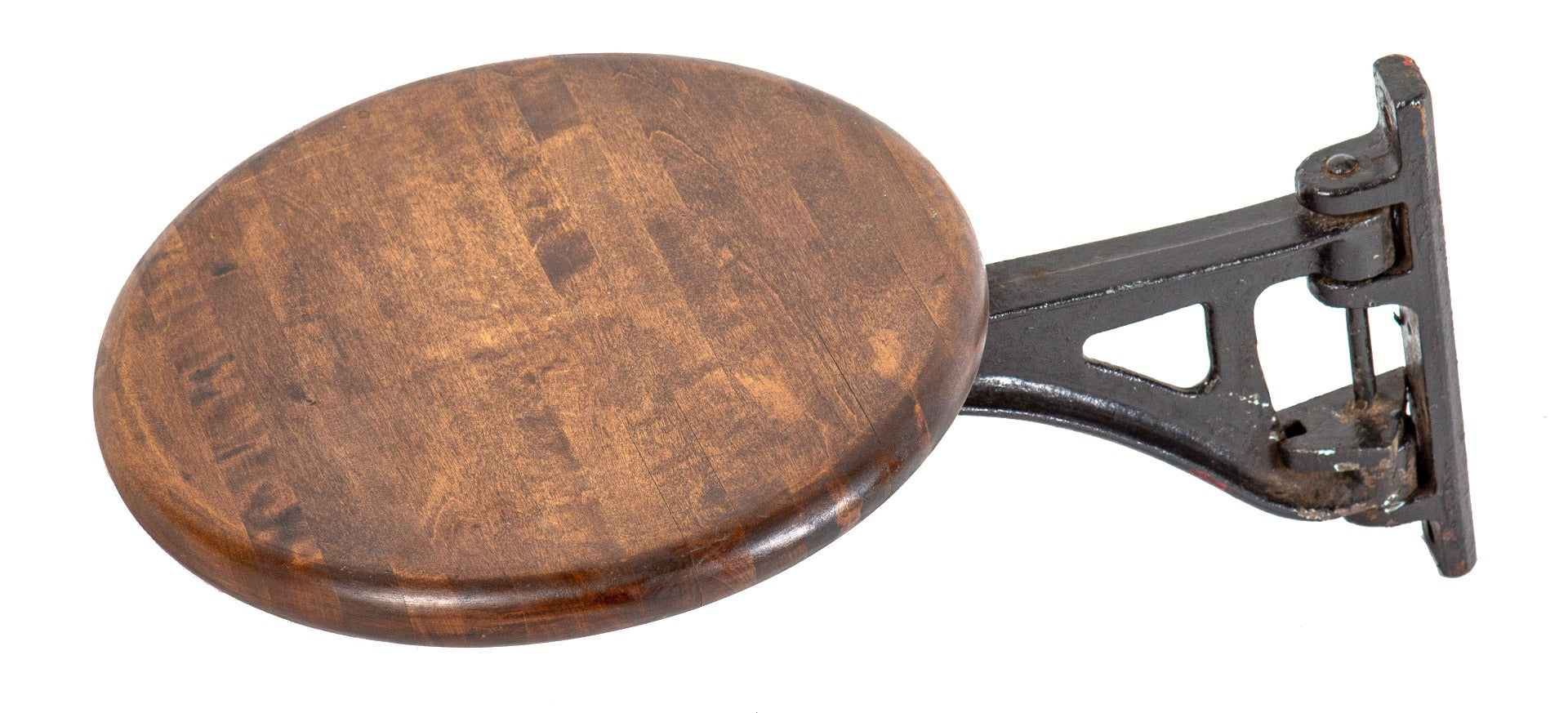 original early 20th century salvaged chicago factory lunch hall swing-out seat bracket with solid maple wood seat