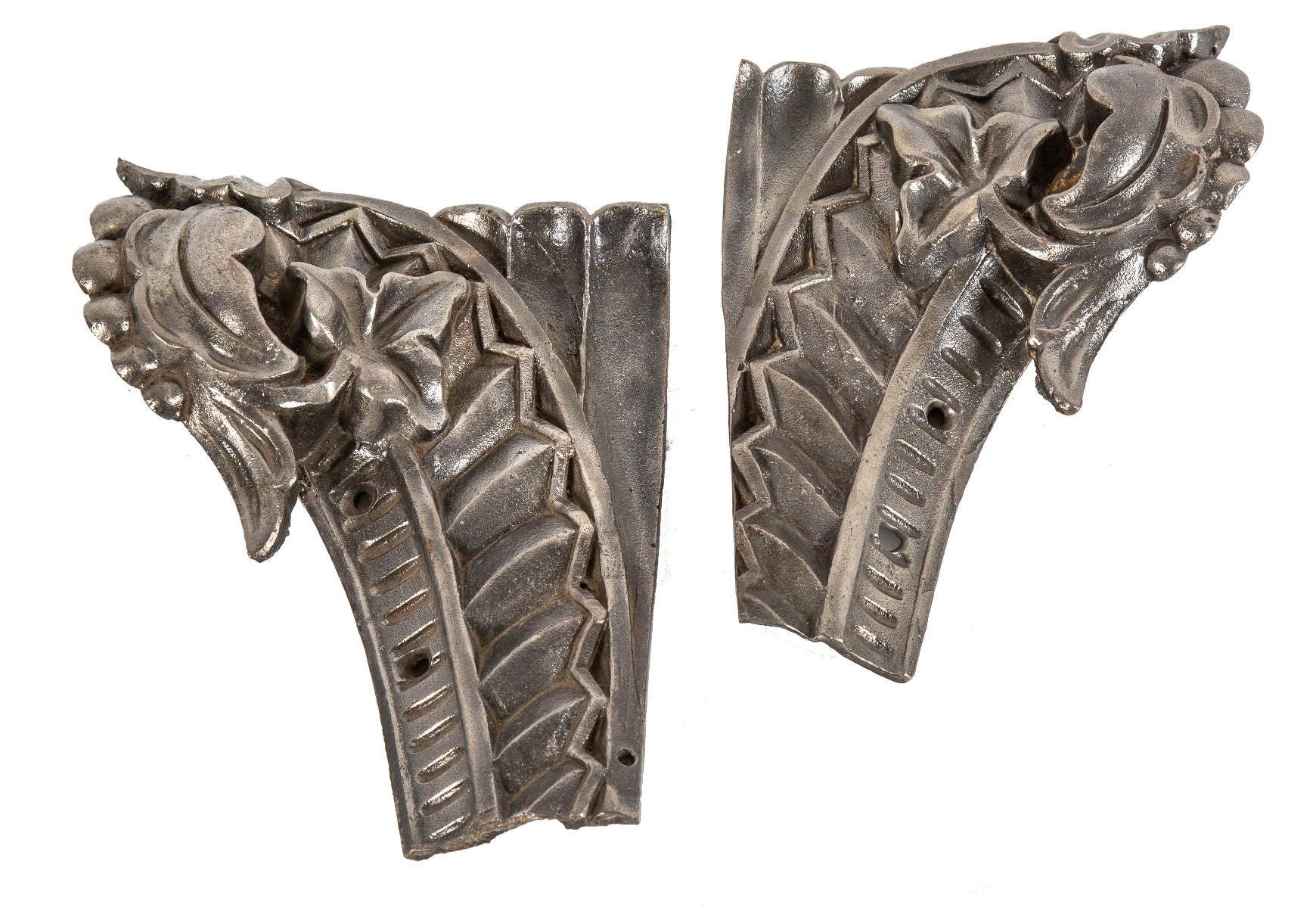 two original historically important antique american salvaged chicago pre-fire interior cast iron building column capitals sections with brushed metal finish