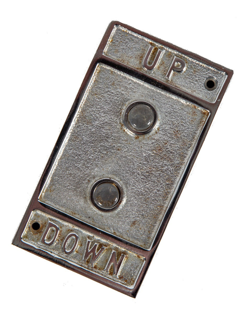 historically important chrome-plated cast iron salvaged chicago wrigley chewing gum factory elevator push button backplate