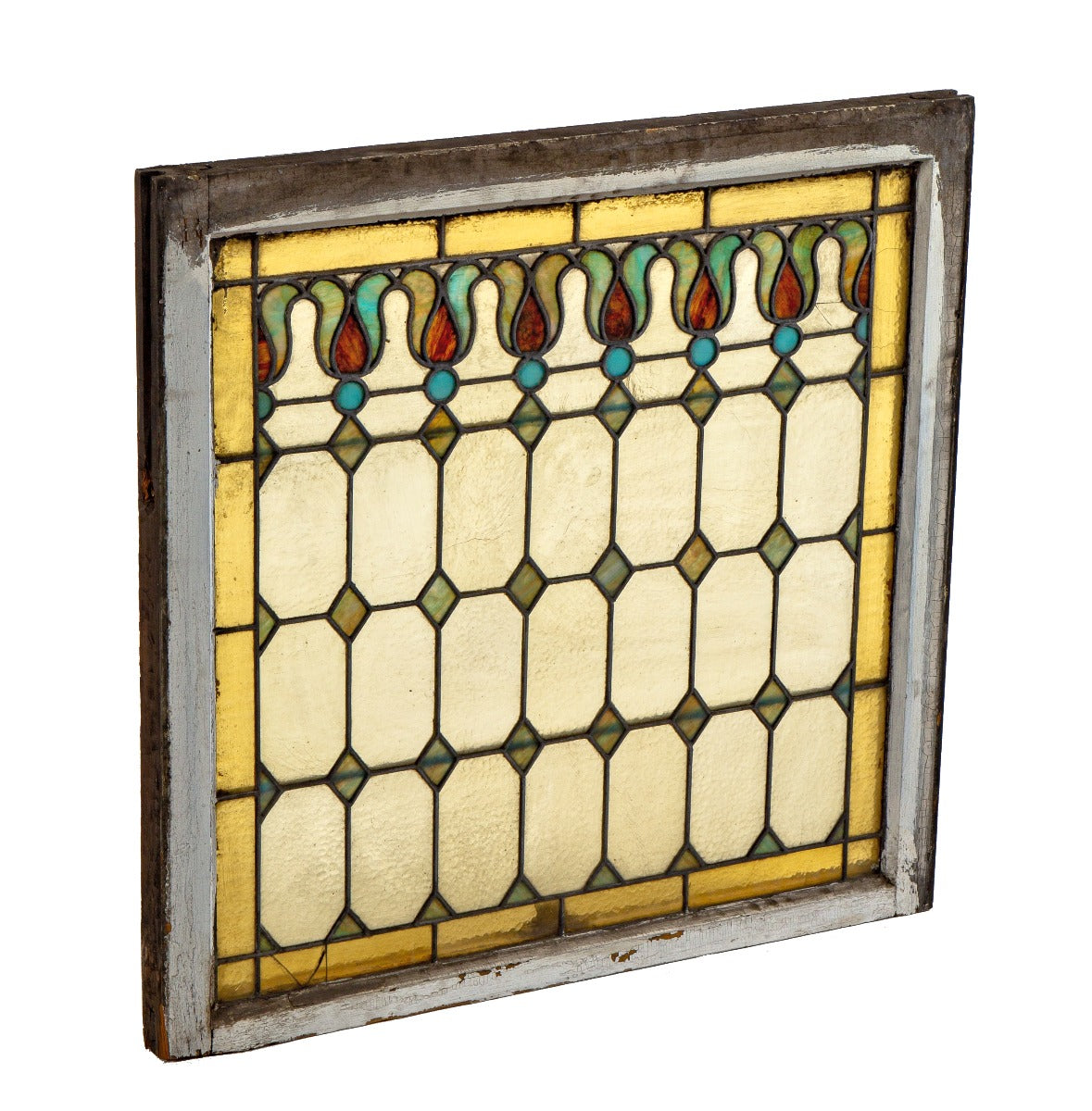 original early 20th century richly colored art nouveau style variegated stained glass salvaged chicago window with sash frame