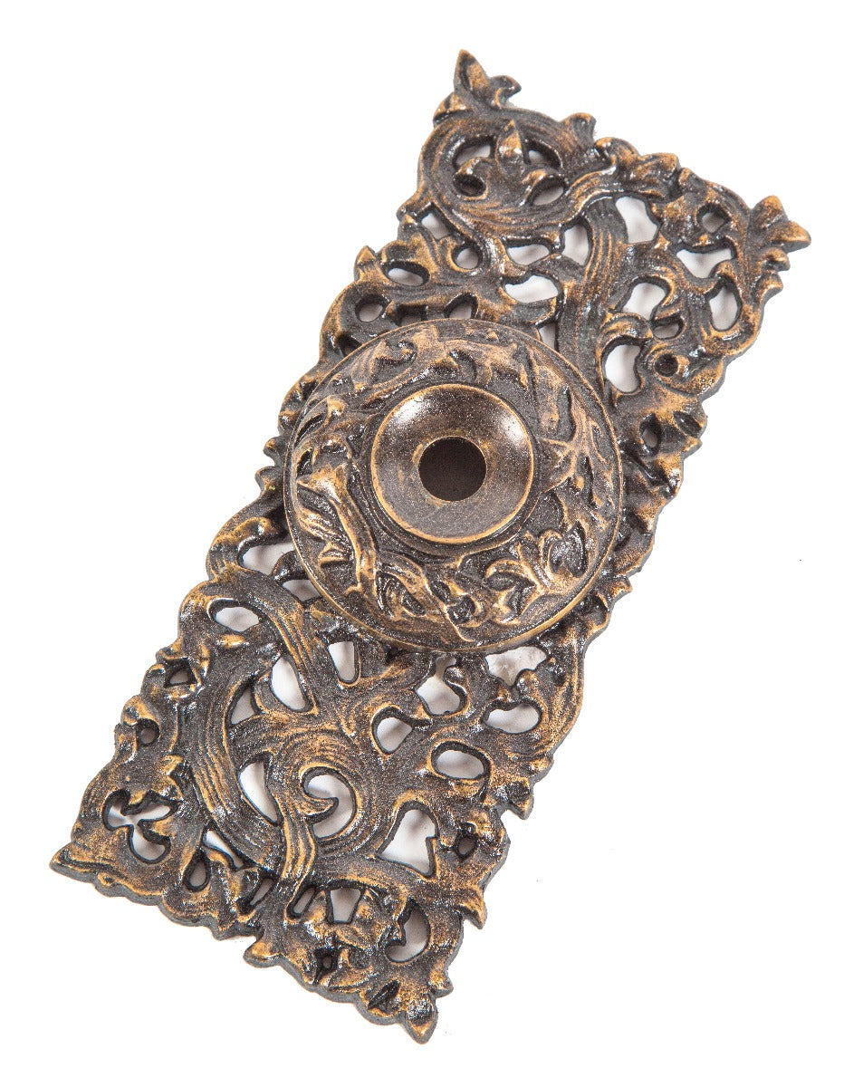 original finely executed 19th century ornamental cast bronze "kelp" pattern antique american salvaged chicago exterior residential push button electric doorbell escutcheon or backplate with uniform patina