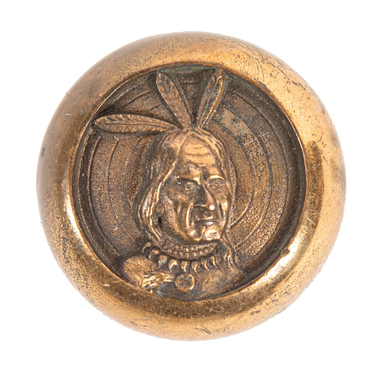 hard to find original cast brass salvaged chicago emblematic three-feathered native american doorknob from hotel building