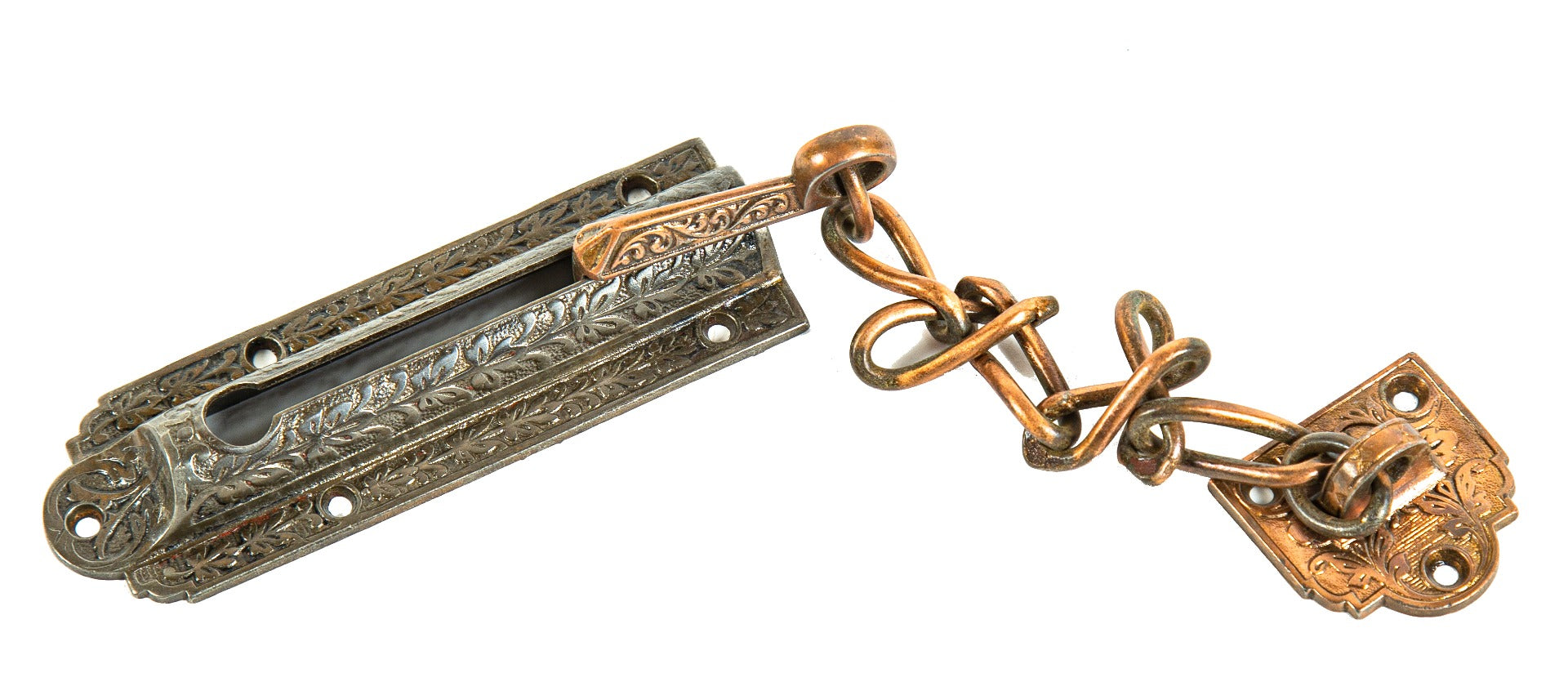 hard to find all original and fully functional ornamental cast iron victorian-era salvaged chicago chain lock or door guard