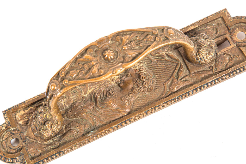 seldom found original 1870's antique american ornamental cast bronze figural exterior store door handle
