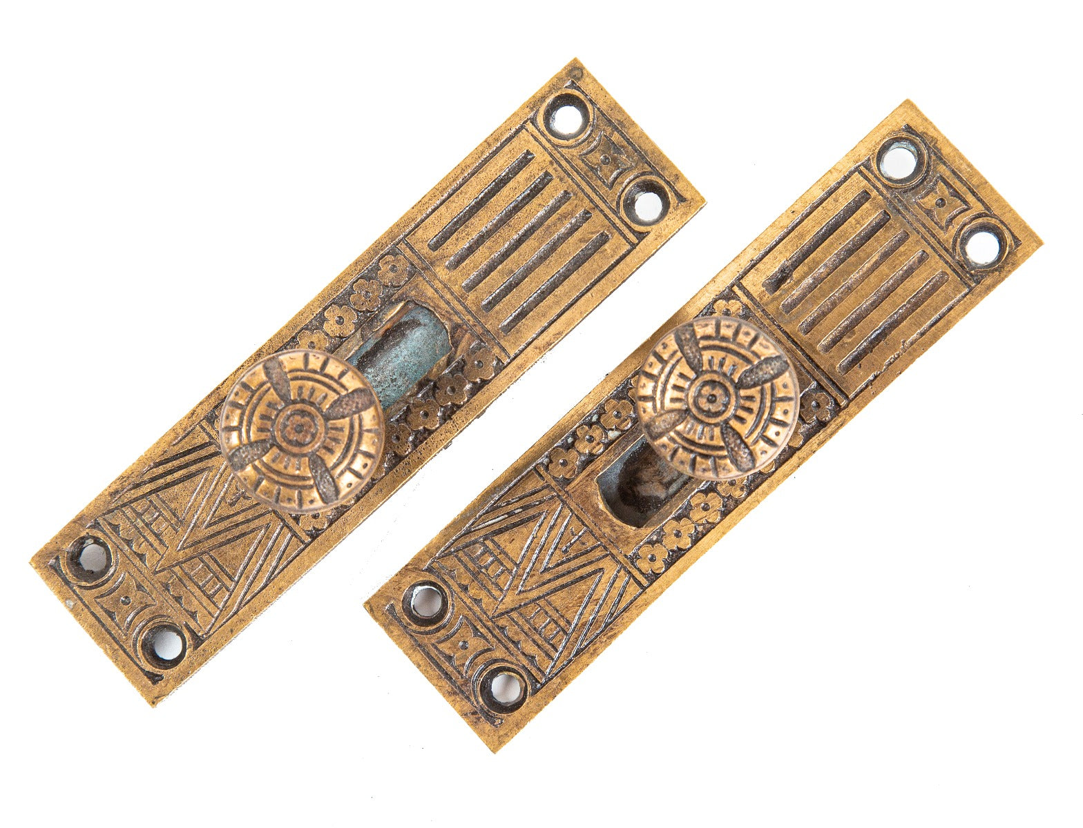 matching pair of original salvaged chicago vestibule door eastlake style flush mount "crisscross" pattern door bolts