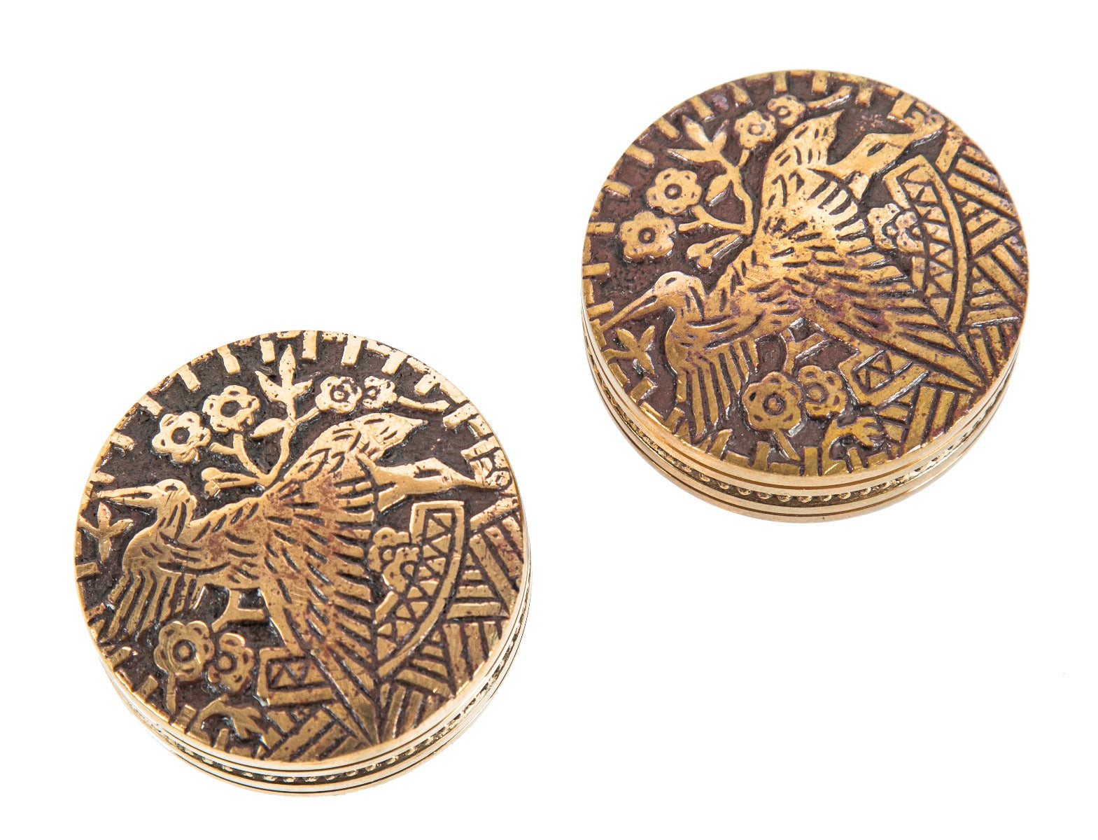 matching set of faithfully reproduced "flying crane" anglo-japanese style cast brass doorknobs