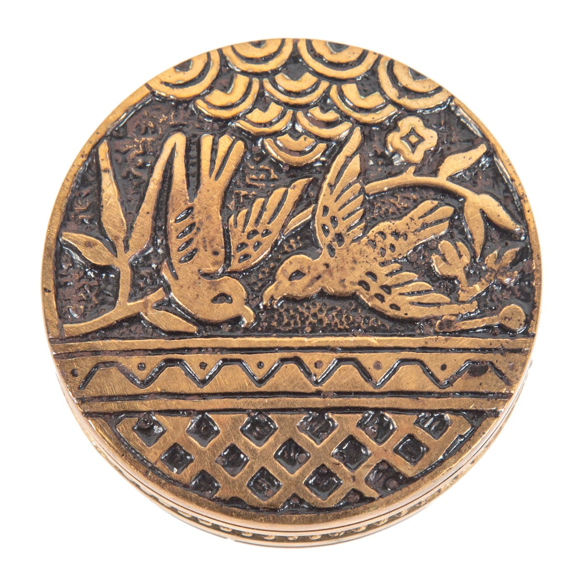 faithfully reproduced heavy ornamental cast brass "blue birds" anglo-japanese figural doorknob with beaded rim