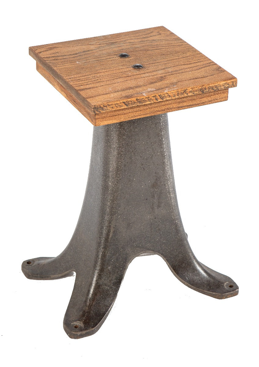 refinished vintage american industrial four-legged cast iron machine base side table with solid oak top with apron