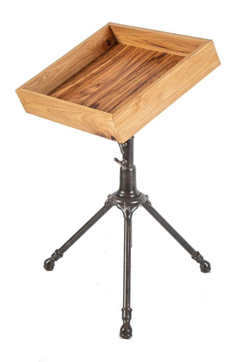 hard to find original antique early 20th century american industrial three-legged freestanding "peerless" drafting table base with custom zebra wood display box
