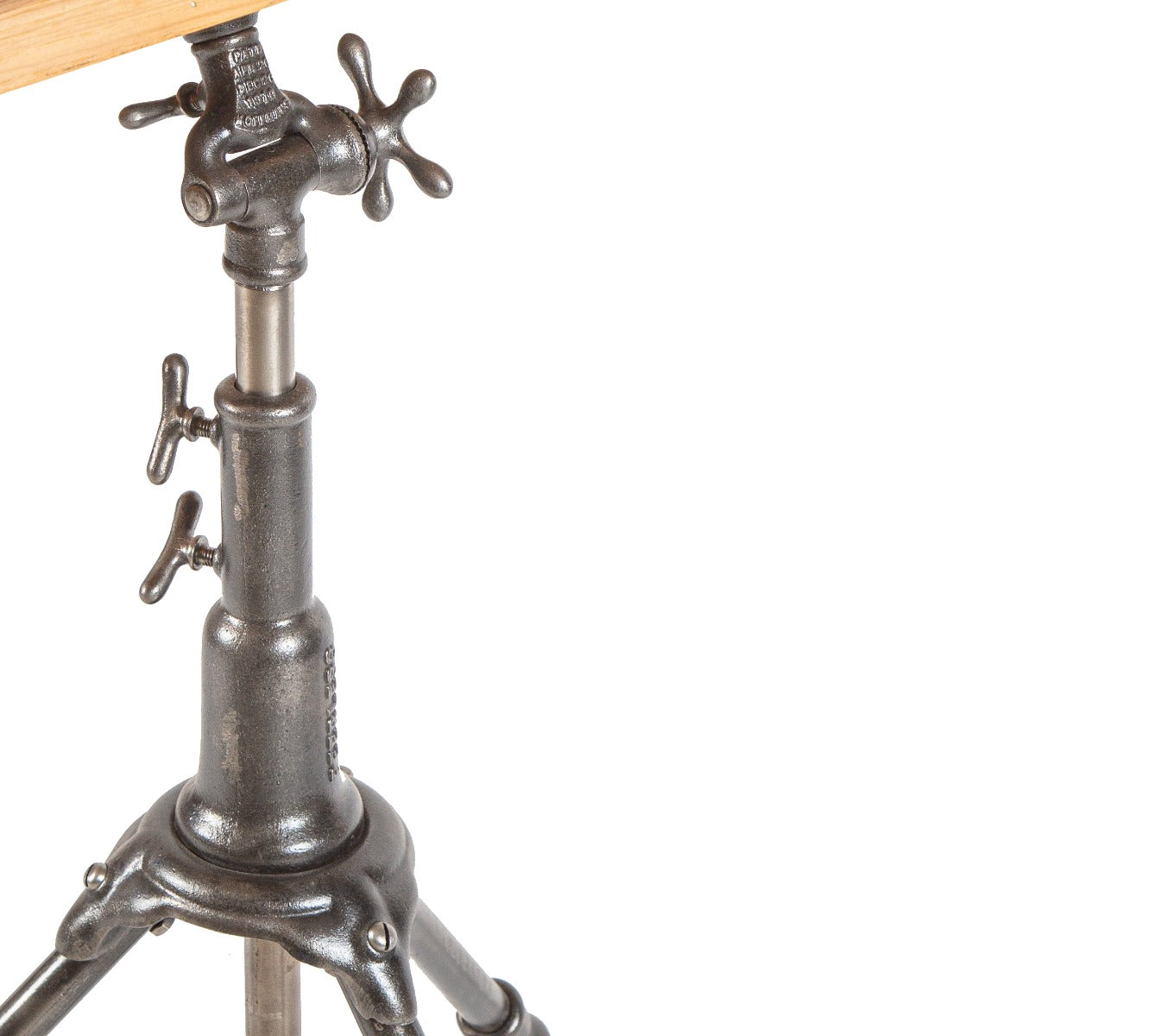 hard to find original antique early 20th century american industrial three-legged freestanding "peerless" drafting table base with custom zebra wood display box