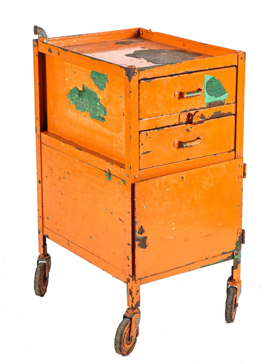 original vintage american industrial salvaged chicago weathered and worn orange painted pressed and folded steel lyon tool stand or cabinet with swivel casters