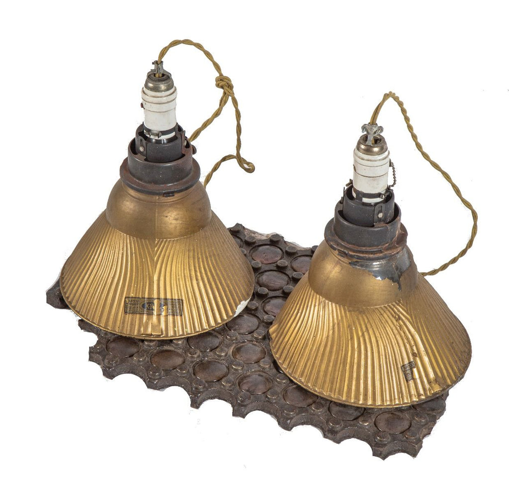 two matching early 20th century american industrial "model 530" silver glass "x-ray" pendant lights with braided cloth cord