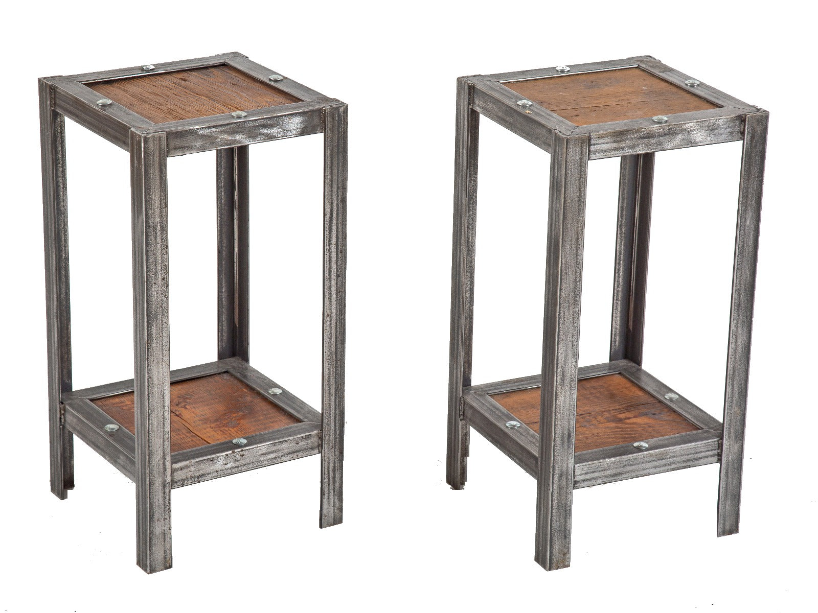 matching set of custom-built vintage industrial heavy duty welded joint angled steel side tables with old growth wood shelves