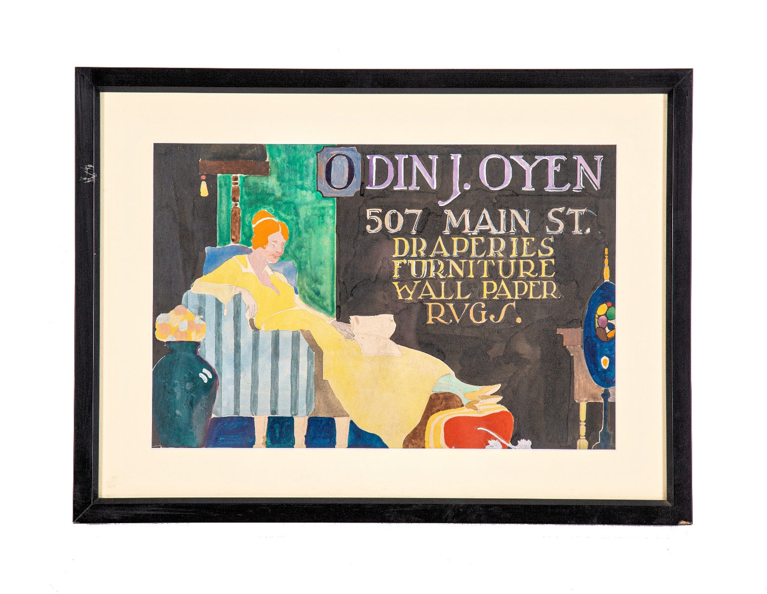 early 20th century framed and matted odin j. oyen hand-painted unsigned polychrome watercolor advertisement