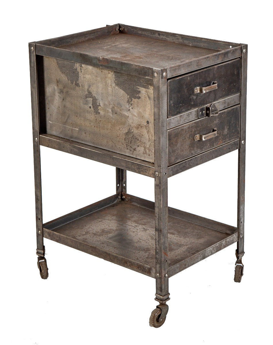 refinished brushed metal vintage salvaged chicago factory machine shop tool stand with drawers and undershelf