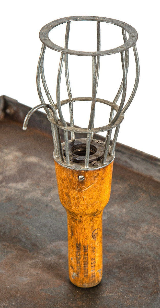 original early 20th century antique american industrial handheld mcgill turned wood and metal portable trouble light