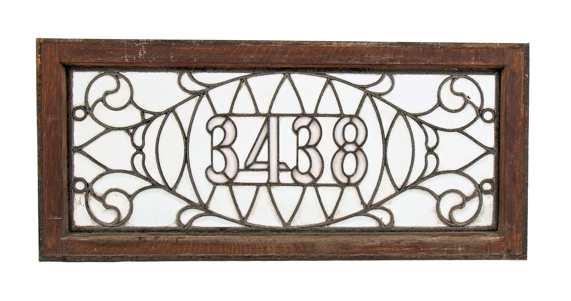 original and intact 19th century salvaged chicago beveled edge leaded glass transom address window with oak wood frame