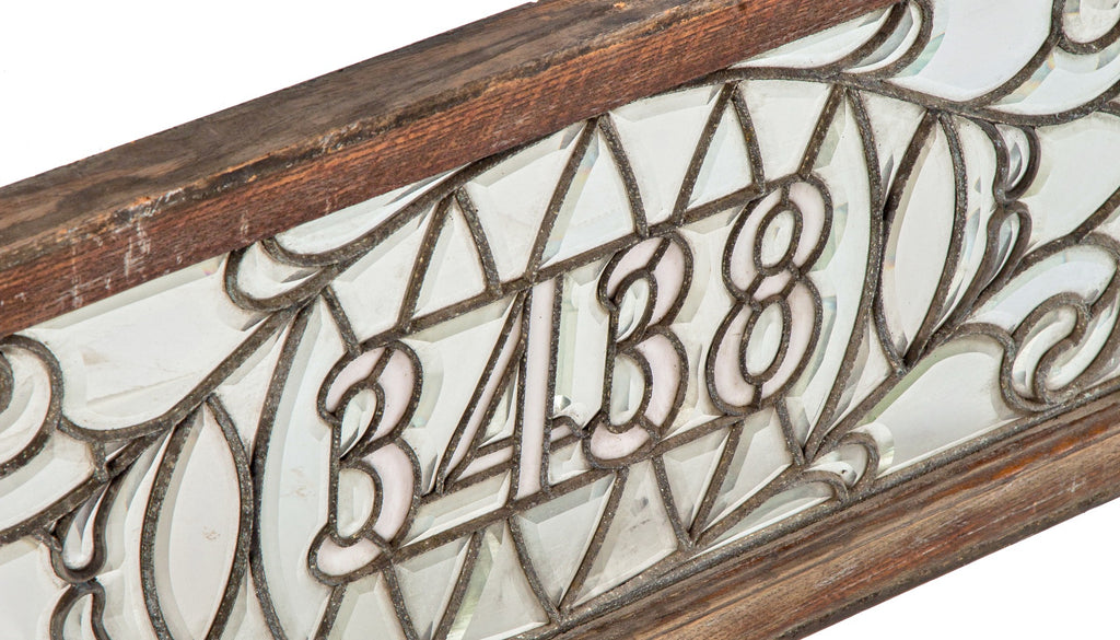 original and intact 19th century salvaged chicago beveled edge leaded glass transom address window with oak wood frame