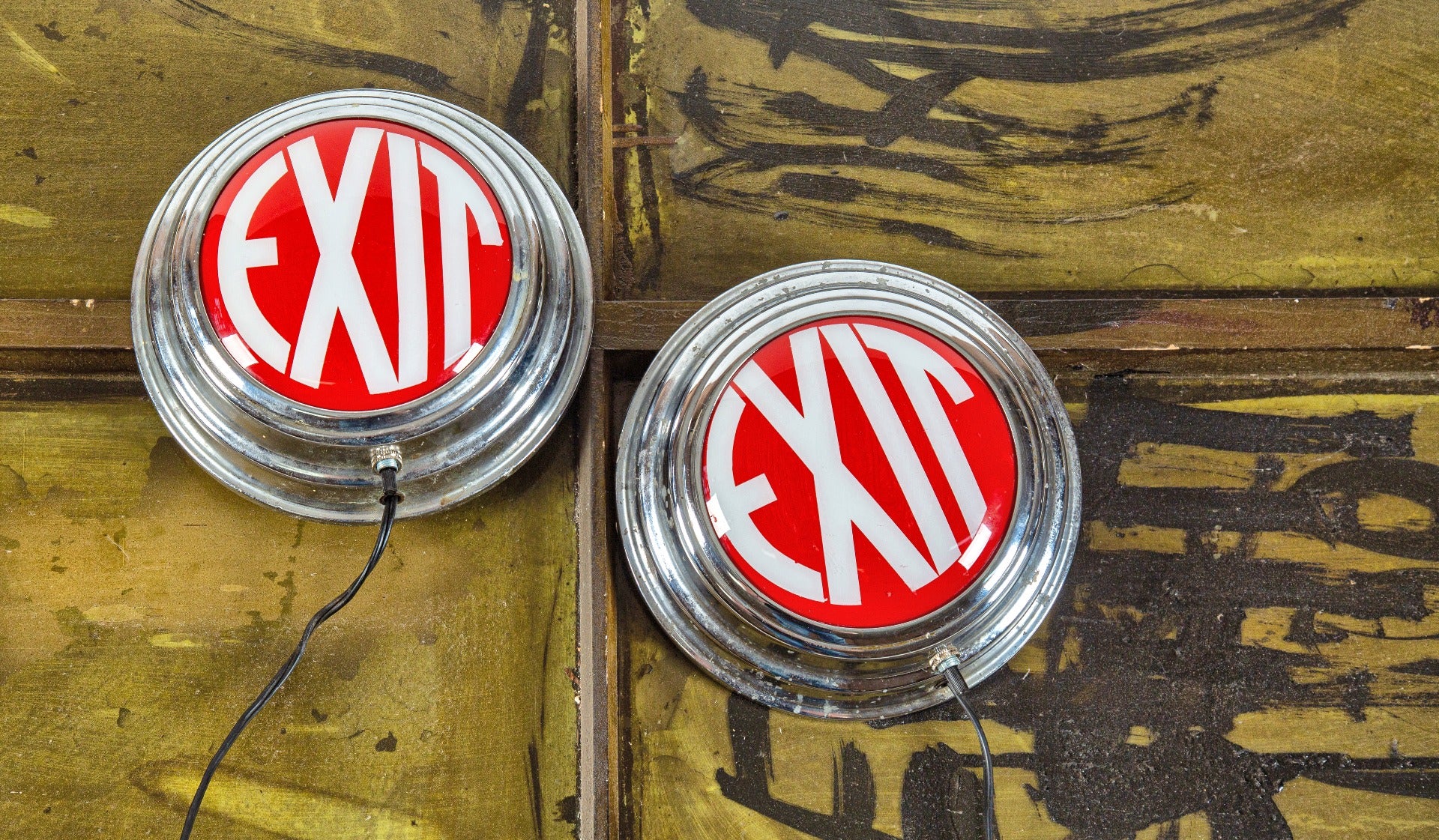 two matching vintage fully functional at deco style illuminated wall-mount exit lights with chrome-plated fitters