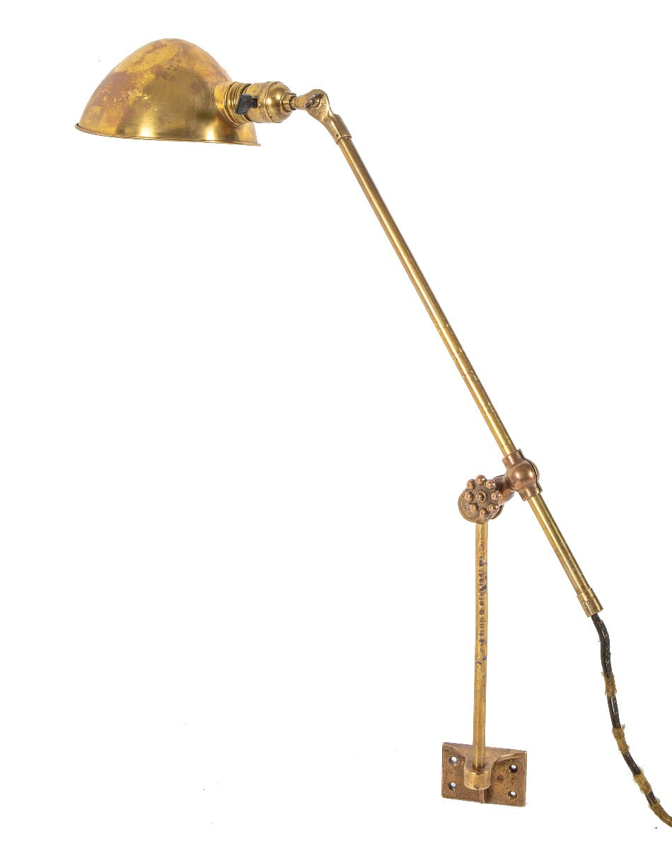 rare late 19th or early 20th century wall-mount "o.c.white" architect's drafting table or wall lamp with bronze knuckle and wrist joints
