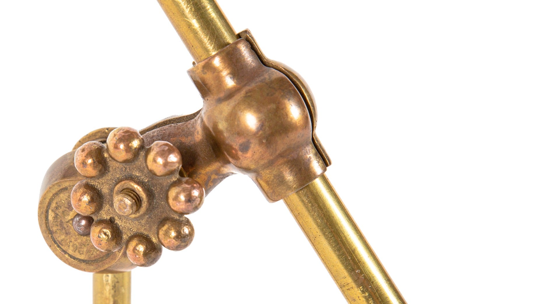 rare late 19th or early 20th century wall-mount "o.c.white" architect's drafting table or wall lamp with bronze knuckle and wrist joints