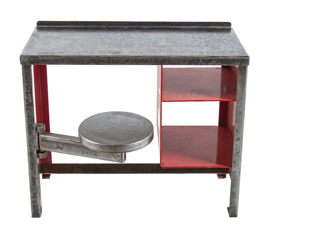refinished all-welded joint american vintage industrial baltimore prison cell inmate's brushed steel desk with built-in compartments and heavy duty swing-out seat