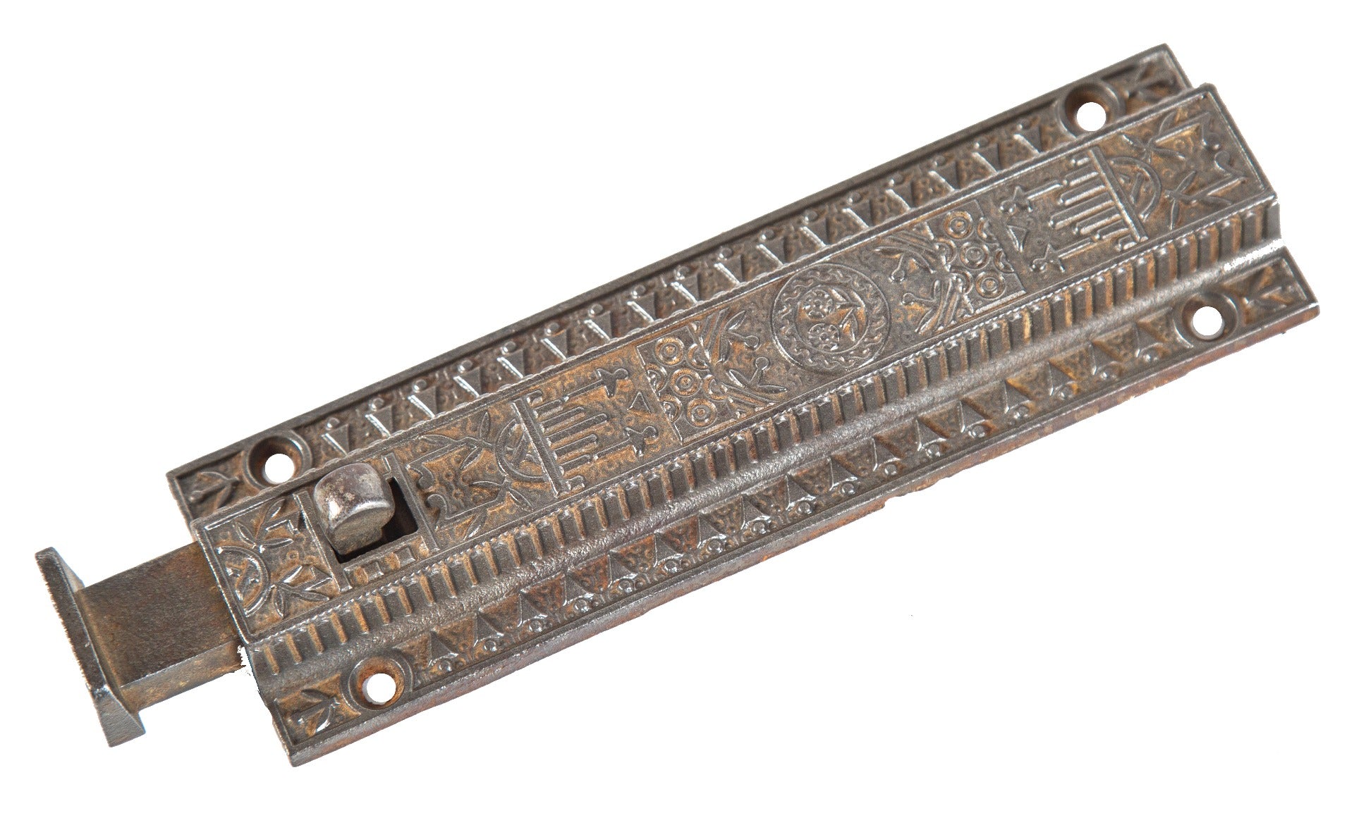 hard to find refinished brushed metal 1880's eastlake style flush mount "windsor" pattern door bolt