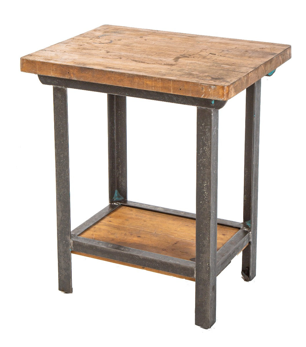 heavy duty vintage american industrial salvaged chicago two-tier solid maple wood table or stand with angled steel base