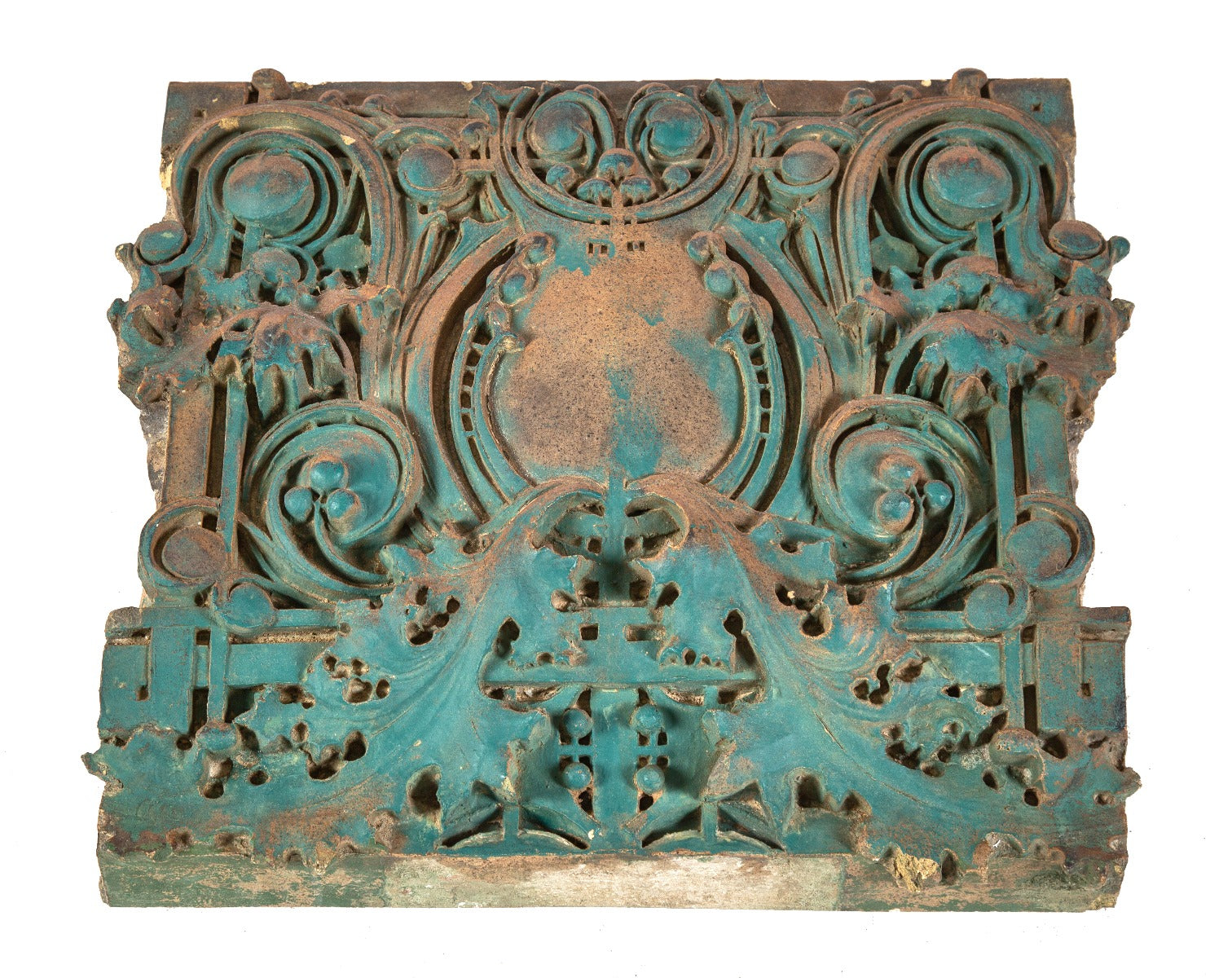 richly colored polychrome enameled "sullivanesque" style heavily ornamented terra cotta building cartouche