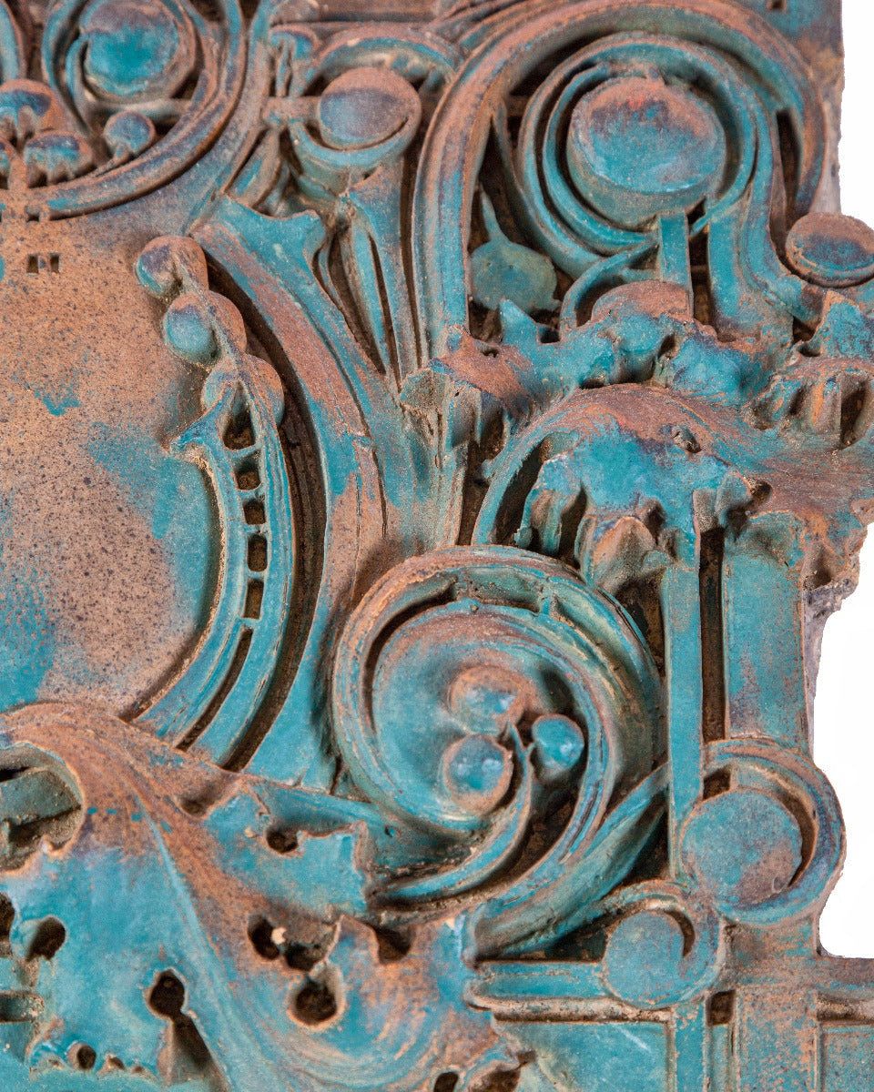richly colored polychrome enameled "sullivanesque" style heavily ornamented terra cotta building cartouche