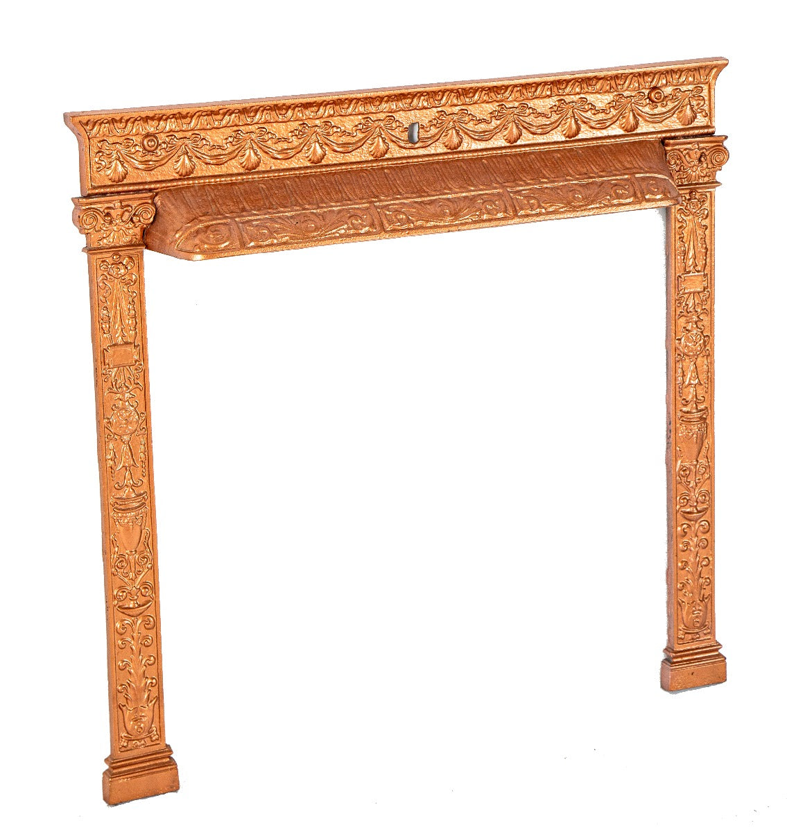 refinished antique american victorian-era ornamental cast iron interior residential fireplace surround with protruding hood