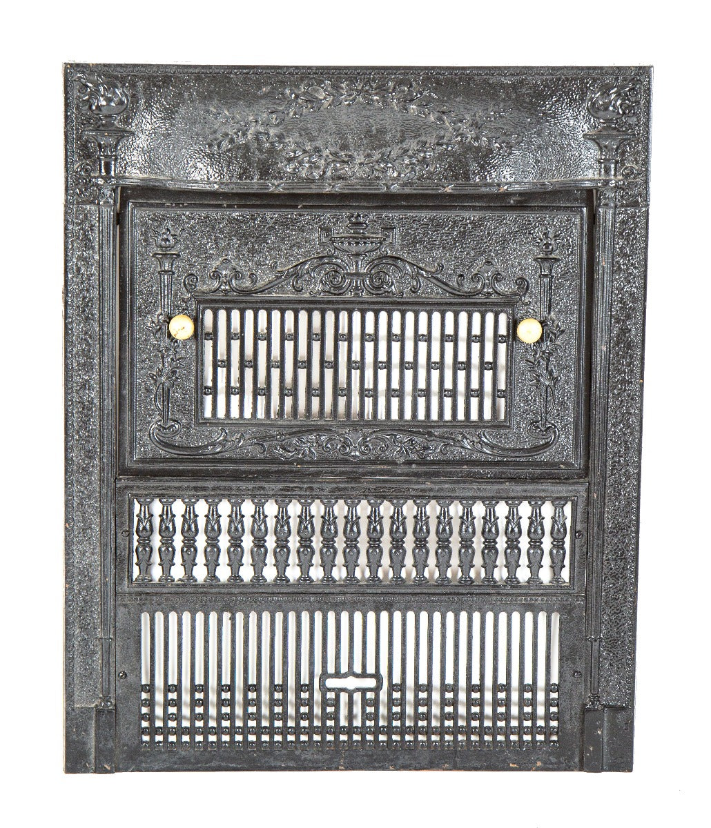 19th century salvaged chicago dawson brothers ornamental cast iron fireplace front with detachable summer cover