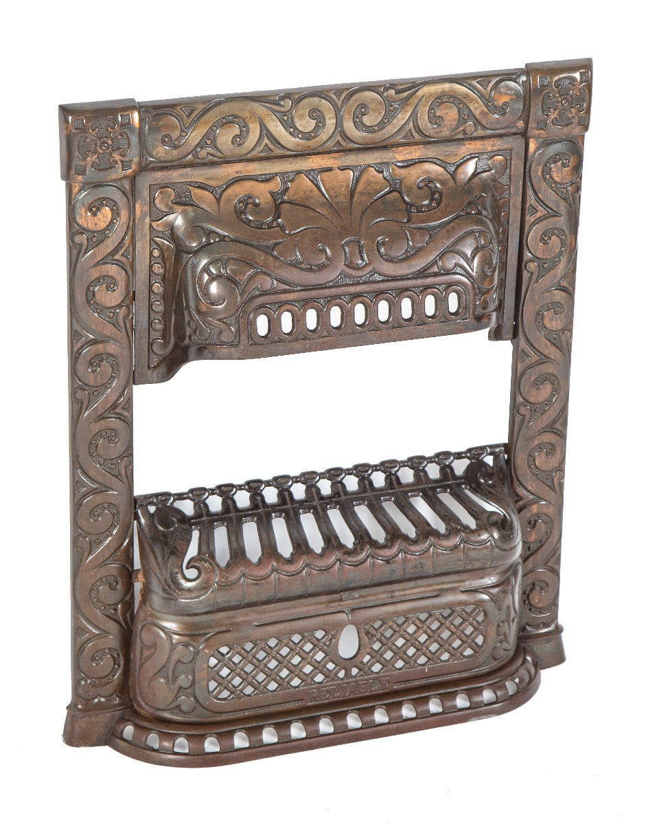 19th century original salvaged chicago ornamental cast iron residential fireplace surround with copper-plated finish