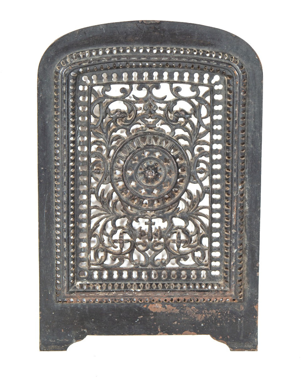 1870's salvaged chicago intricately designed ornamental cast iron black enameled perforated fireplace summer cover
