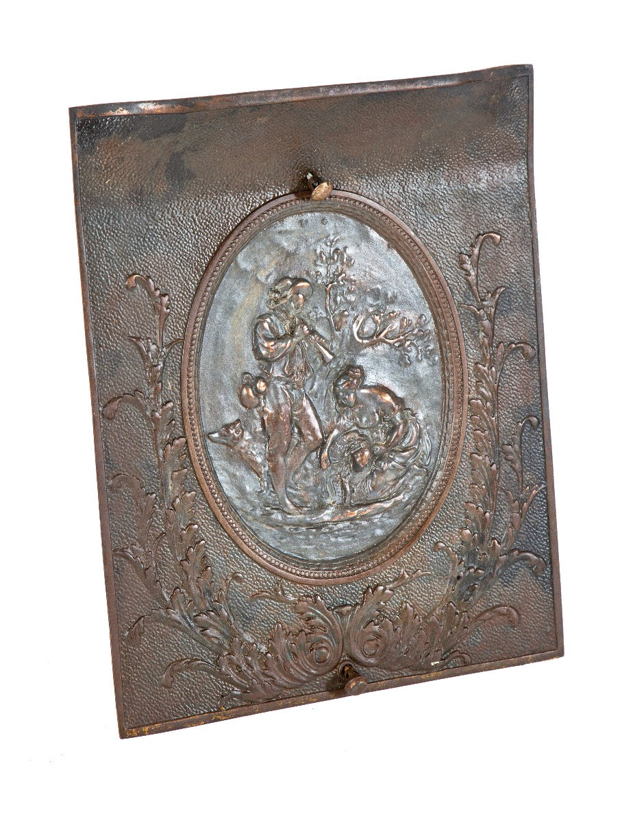 original seldom found 19th century ornamental cast iron w.l. & sons-designed ornamental cast iron scenic fireplace summer cover