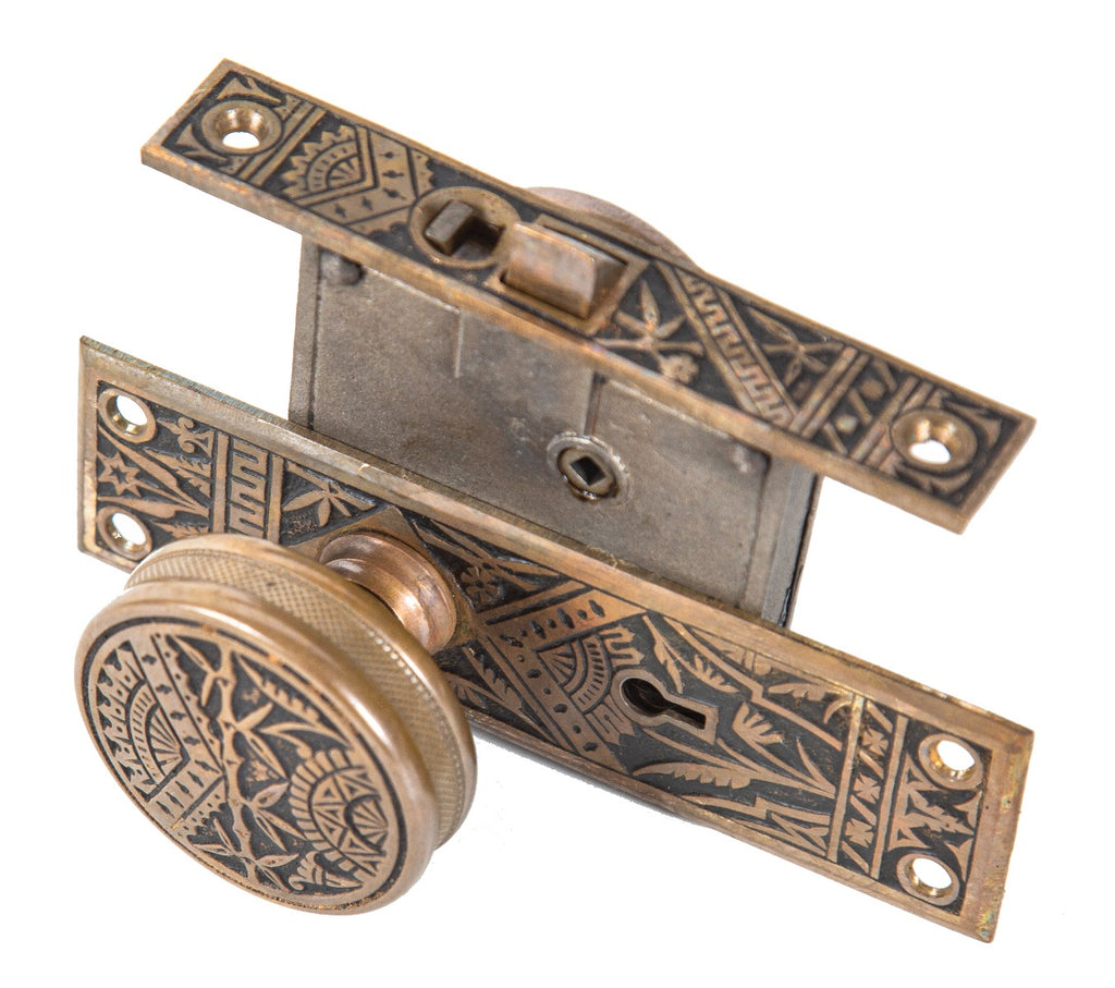 original 19th century american eastlake style "oriental" pattern salvaged chicago cast brass entrance door lockset