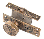 original 19th century american eastlake style "oriental" pattern salvaged chicago cast brass entrance door lockset