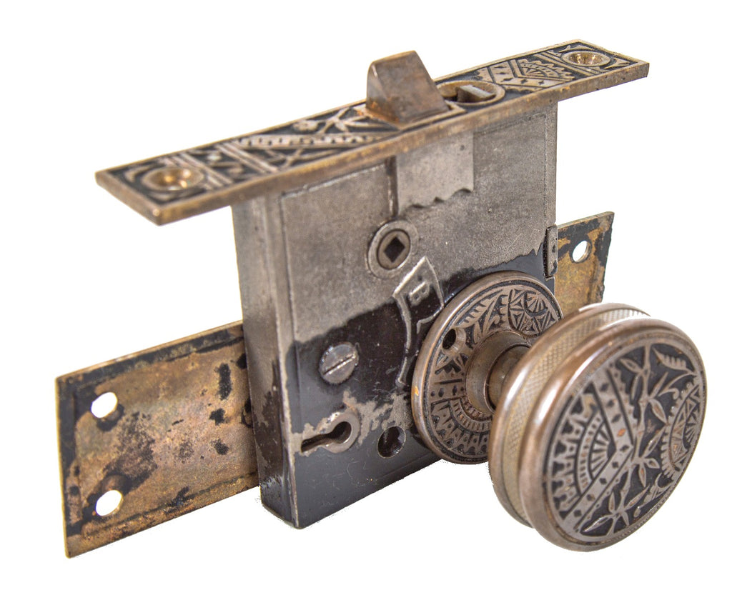 original 19th century american eastlake style "oriental" pattern salvaged chicago cast brass entrance door lockset