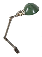 refinished american industrial brushed metal articulating factory machine shop lamp with green rolled rim parabolic shade