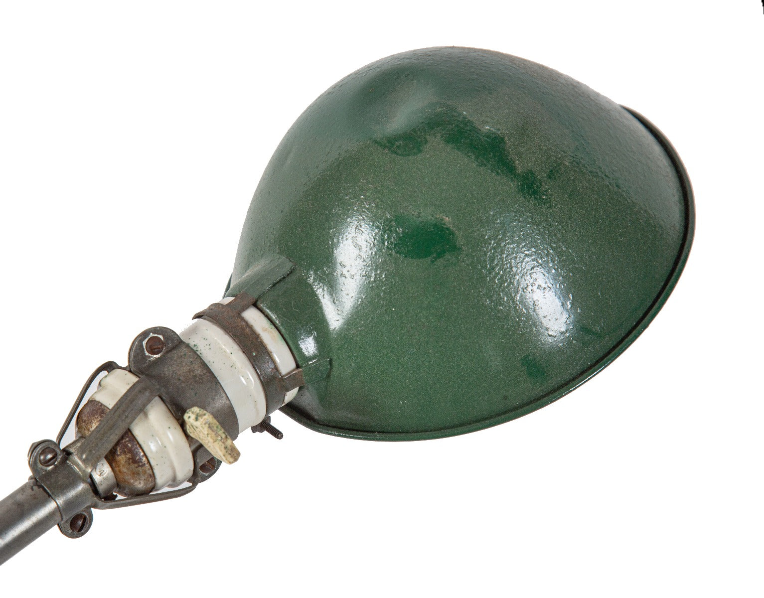 refinished american industrial brushed metal articulating factory machine shop lamp with green rolled rim parabolic shade