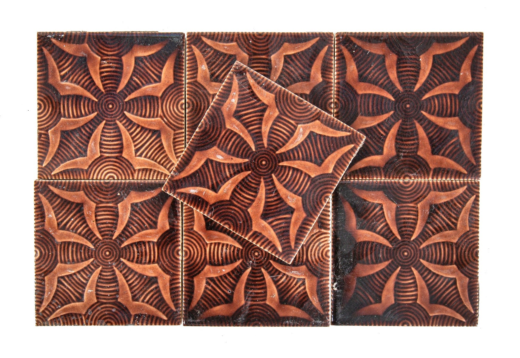 highly stylized and richly colored kensington american victorian era salvaged chicago 6 x 6 inch fireplace tiles