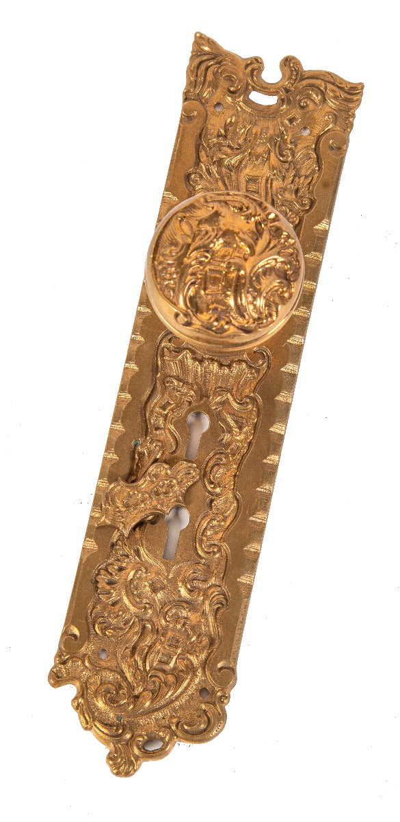 original late 19th or early 20th century ornamental cast bronze "belfort" pattern exterior door hardware