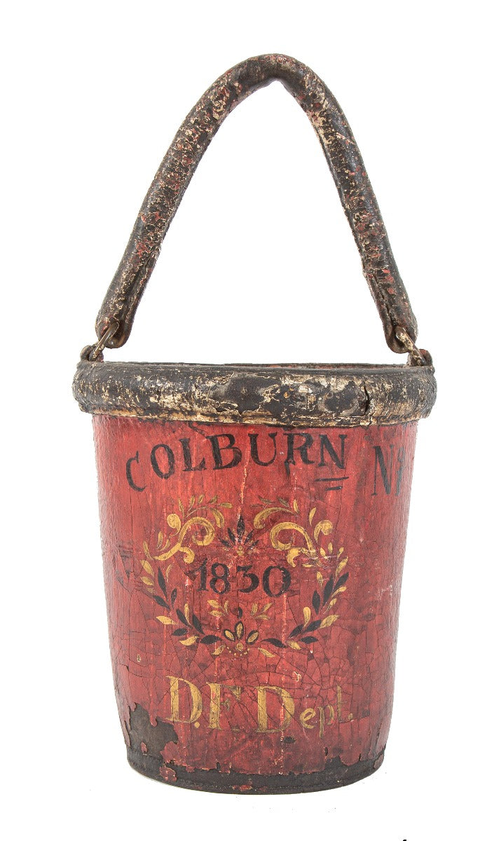original 1830 hand-painted detroit fire department leather fire bucket with allover crazing and original drop handle