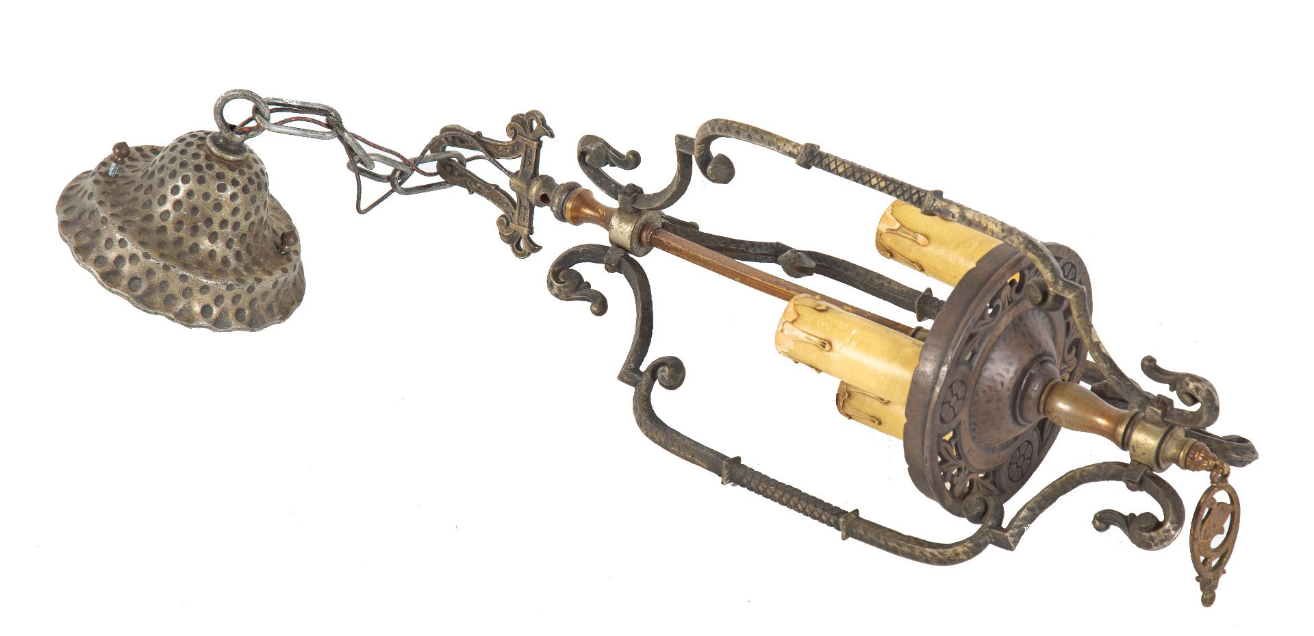 highly sought after restored 1930's original moe-bridges interior residential three-light pendant fixture with matching canopy