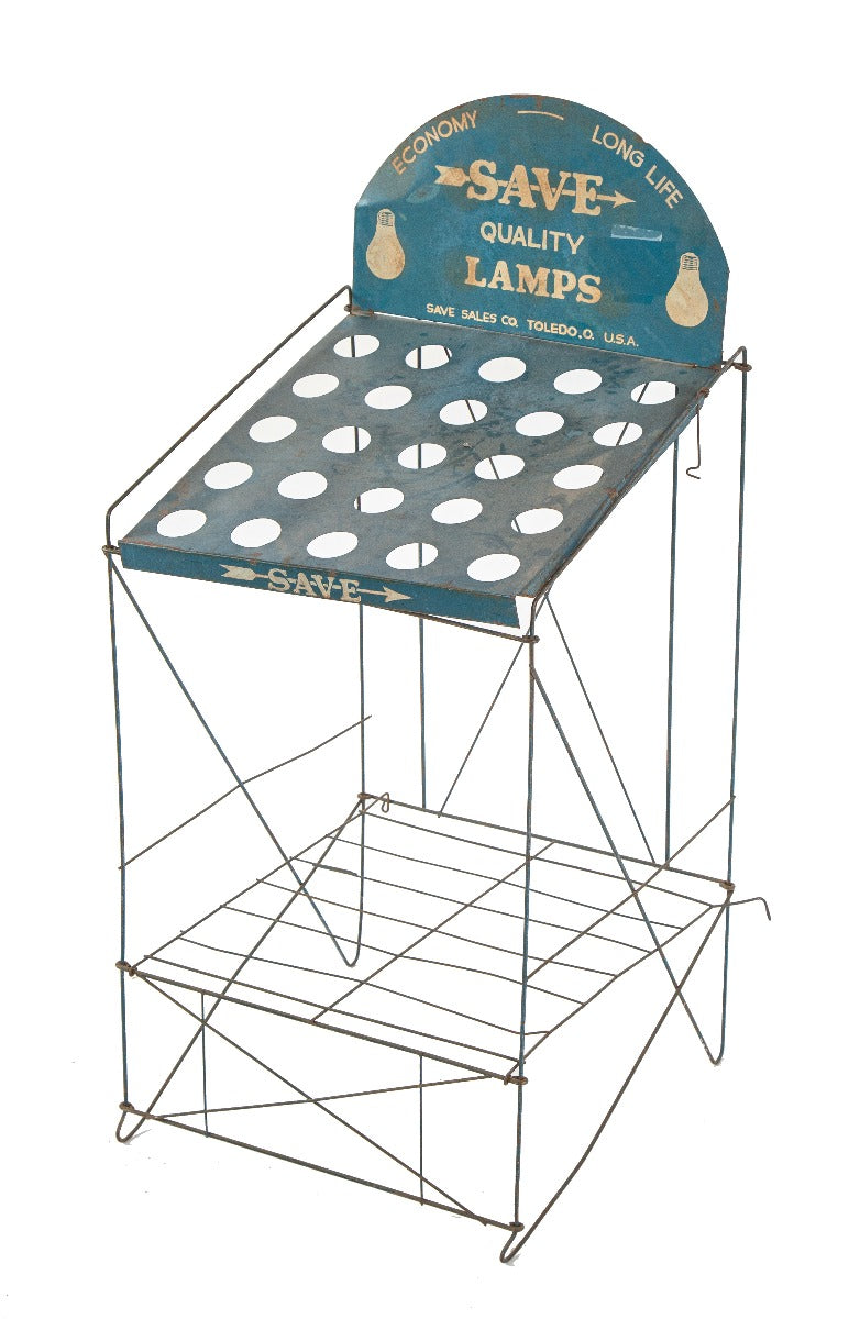 original freestanding american depression era enameled blue metal collapsible interior hardware store incandescent light bulb display rack or stand