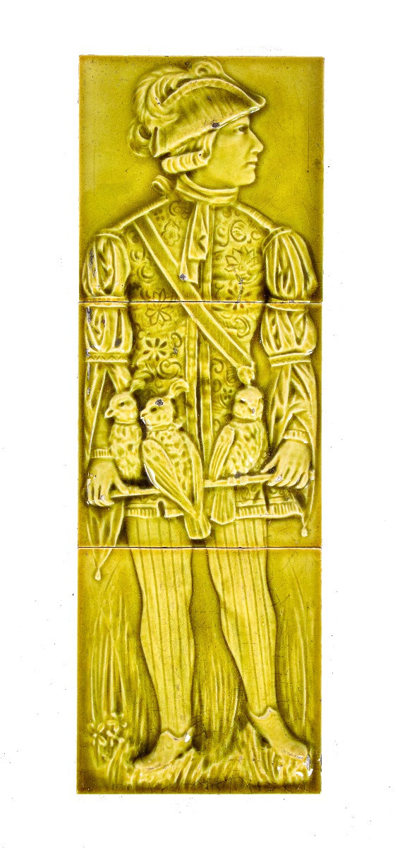 salvaged chicago full-sized 19th century 3-piece isaac broome-designed figural trent tile with rich light olive green glaze