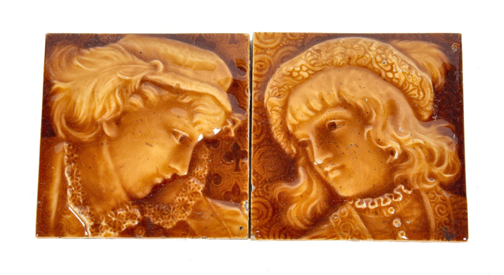 matching set of original salvaged chicago antique american encaustic burnt orange figural fireplace tiles