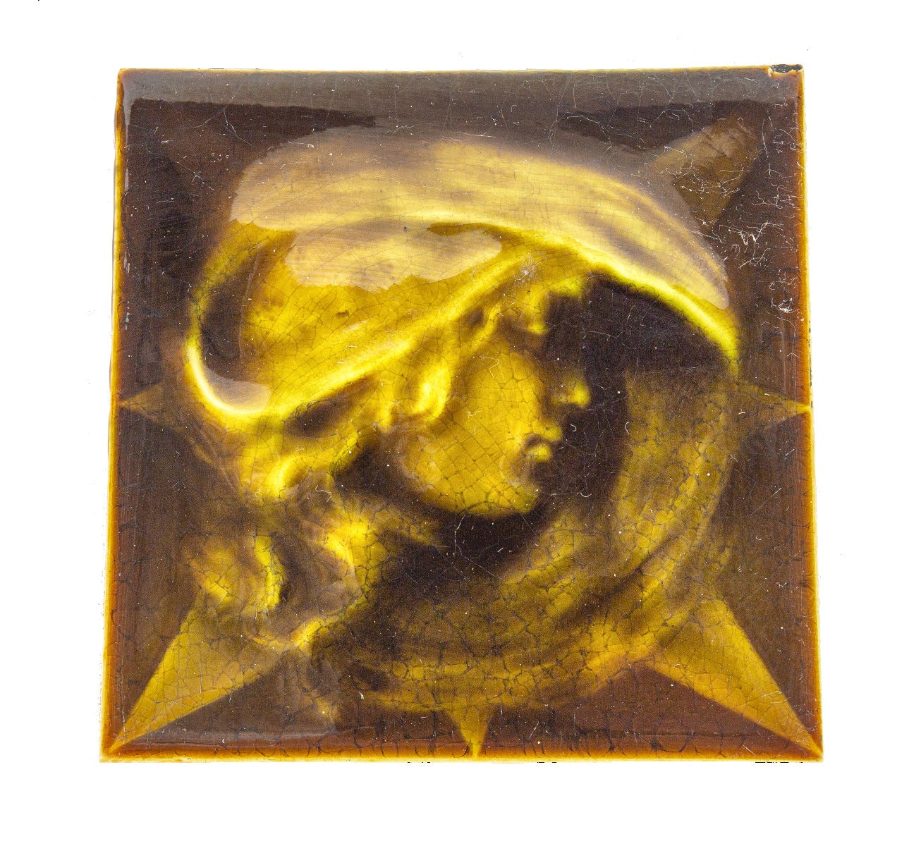 rare 19th century salvaged chicago richly colored dark olive green majolica glazed figural tile with six-pointed star